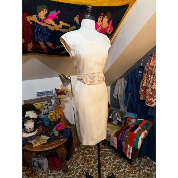 Christy Rilling Studio Cream Silk Wrap Back Sheath Dress Ivory Cap Sleeve - Picture 7 of 9